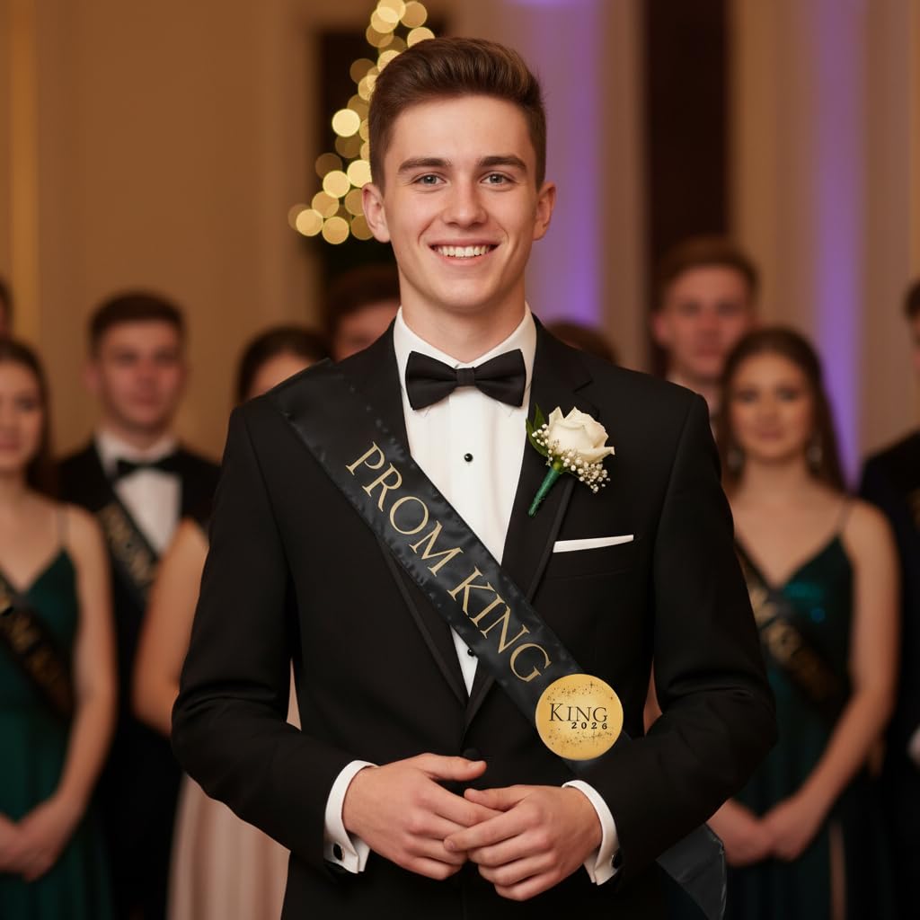 Anderson's Prom Royalty Sash Set, Black & Gold King and Queen Sashes with 2026 Keepsake Buttons for High School Prom, Formal Events, Banquets, and Student Recognition Ceremonies, 4 Piece Set - Image 5