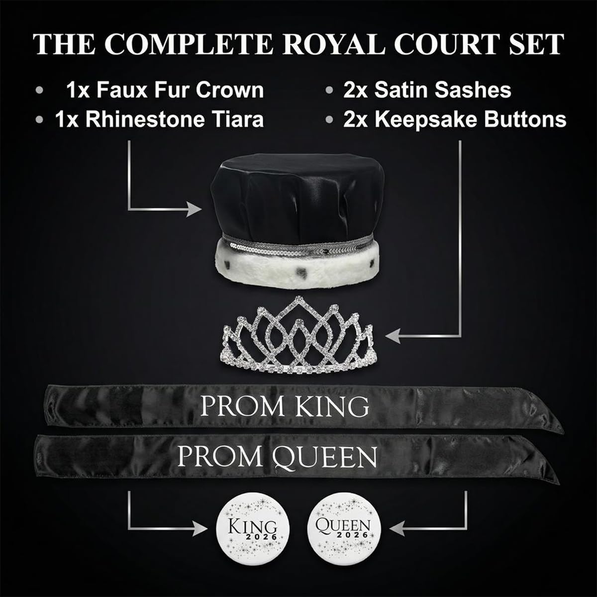 Anderson's Prom Royalty Set - Rhinestone Tiara, Crown, Sashes, Buttons - Image 3