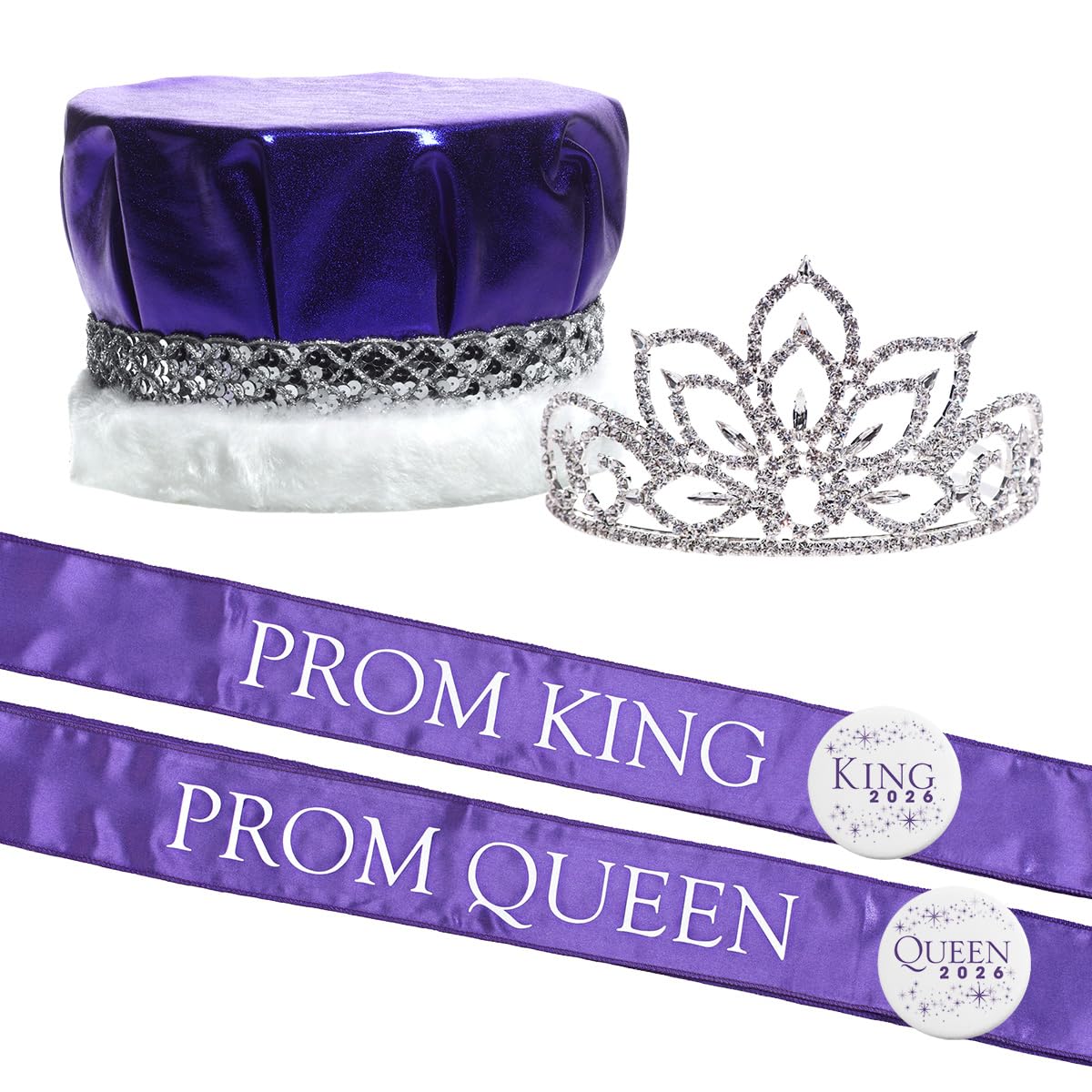 Anderson's Prom Royalty Set - Rhinestone Tiara, King Crown, Sashes, Buttons