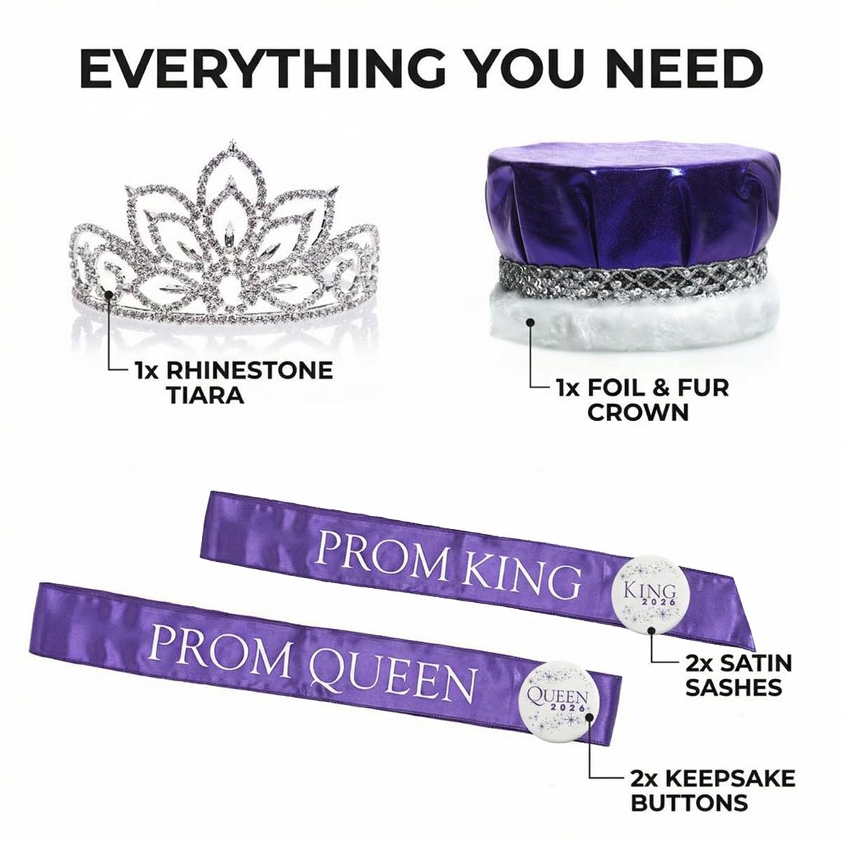 Anderson's Prom Royalty Set - Rhinestone Tiara, King Crown, Sashes, Buttons - Image 3