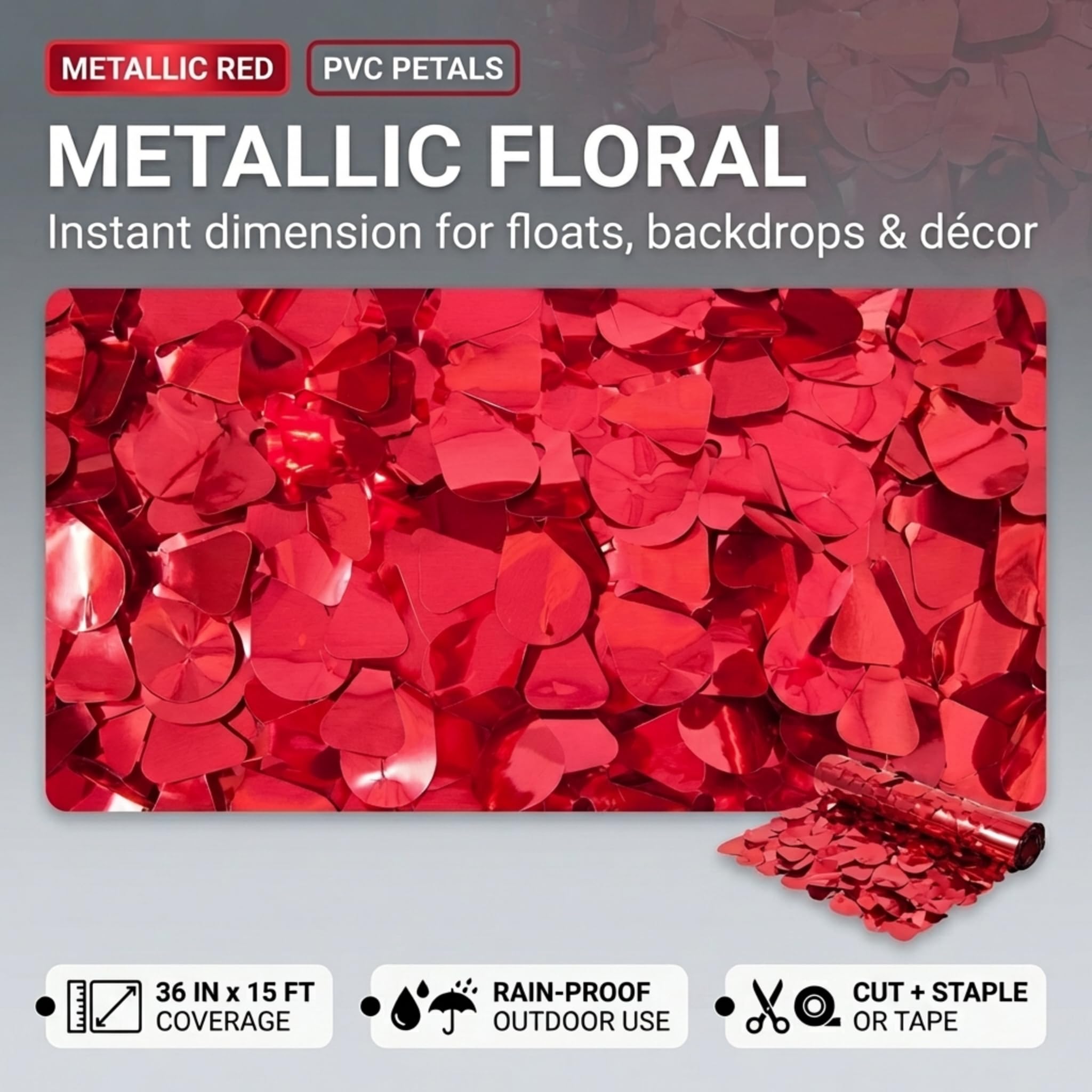 Anderson's Red Metallic Floral Sheeting – 3 Ft. Parade Float Decoration for Trailers, Parties, Weddings, Proms, Photo Backdrops & Events – Shiny Fringe Garland for Indoor/Outdoor Use - Image 3