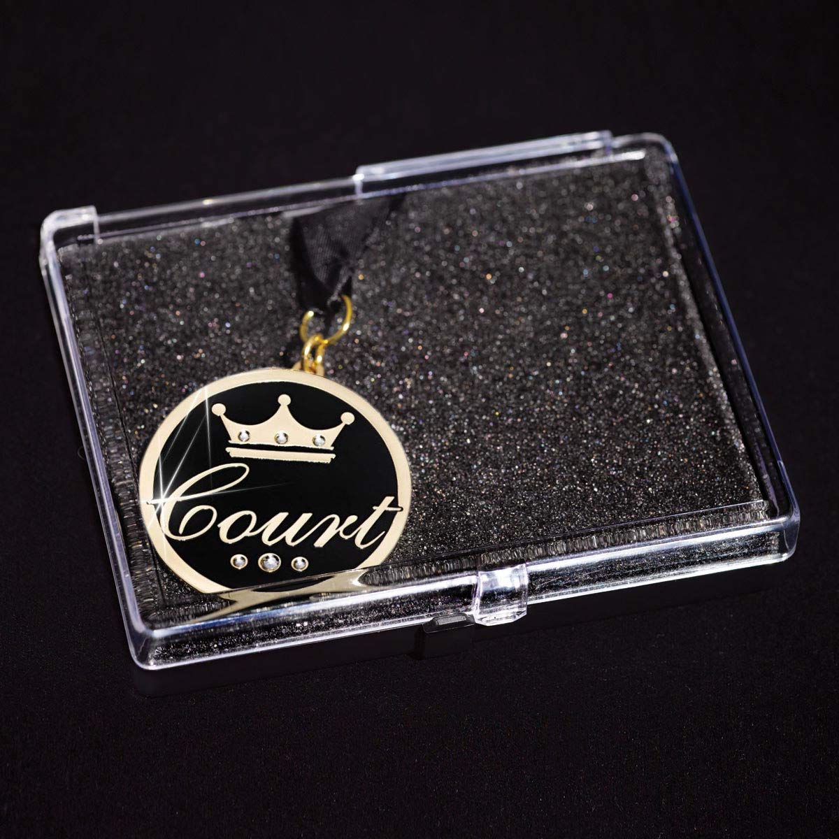 Anderson's Rhinestone Court Medallion, Gold‑Tone Crown Medal with Clear Gemstones, Black Neck Ribbon & Acrylic Presentation Box, 2 3/8" Court Award Medal for Homecoming, Prom & School Events