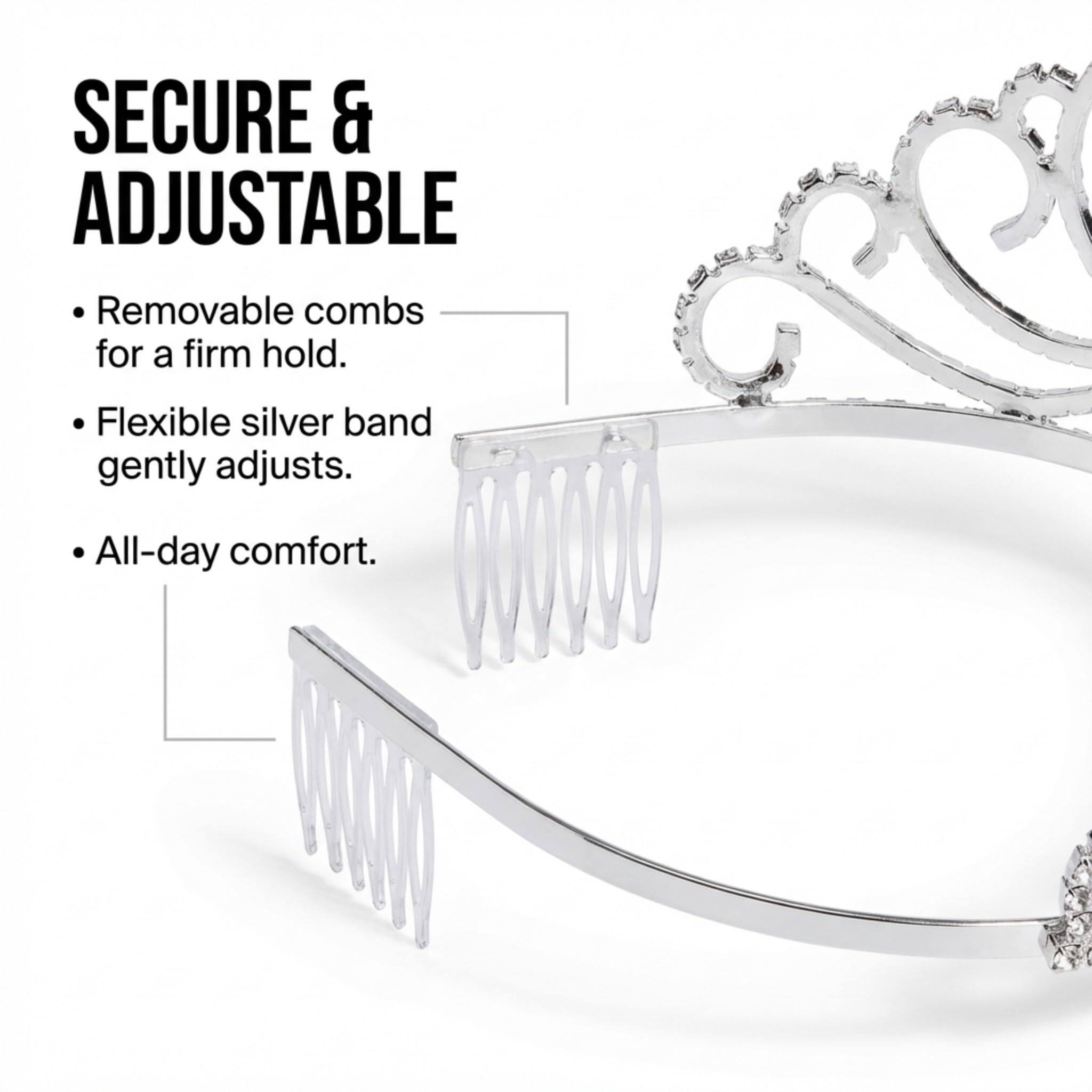 Anderson’s Sasha Rhinestone Tiara, 2 3/4" High Hand‑Crafted Silver Band Crown with Sparkling Clear Gemstones, Adjustable Fit with Removable Combs, Elegant Accessory for Weddings, Prom Queen, Homecoming, Pageants, Quinceañeras, and Sweet 16 Celebrations - Image 6