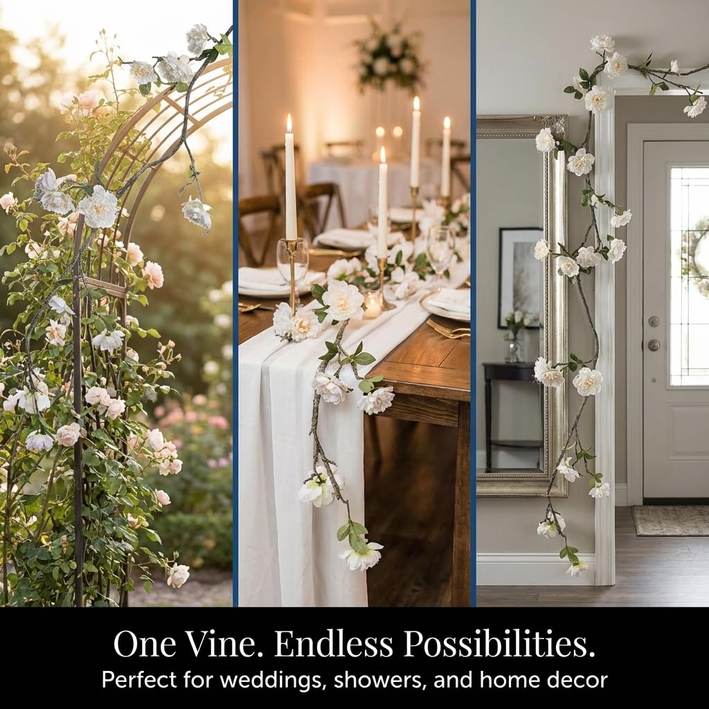 Anderson's Silk Cream Peony Floral Vine Wedding Decoration, 7 Feet - Image 4