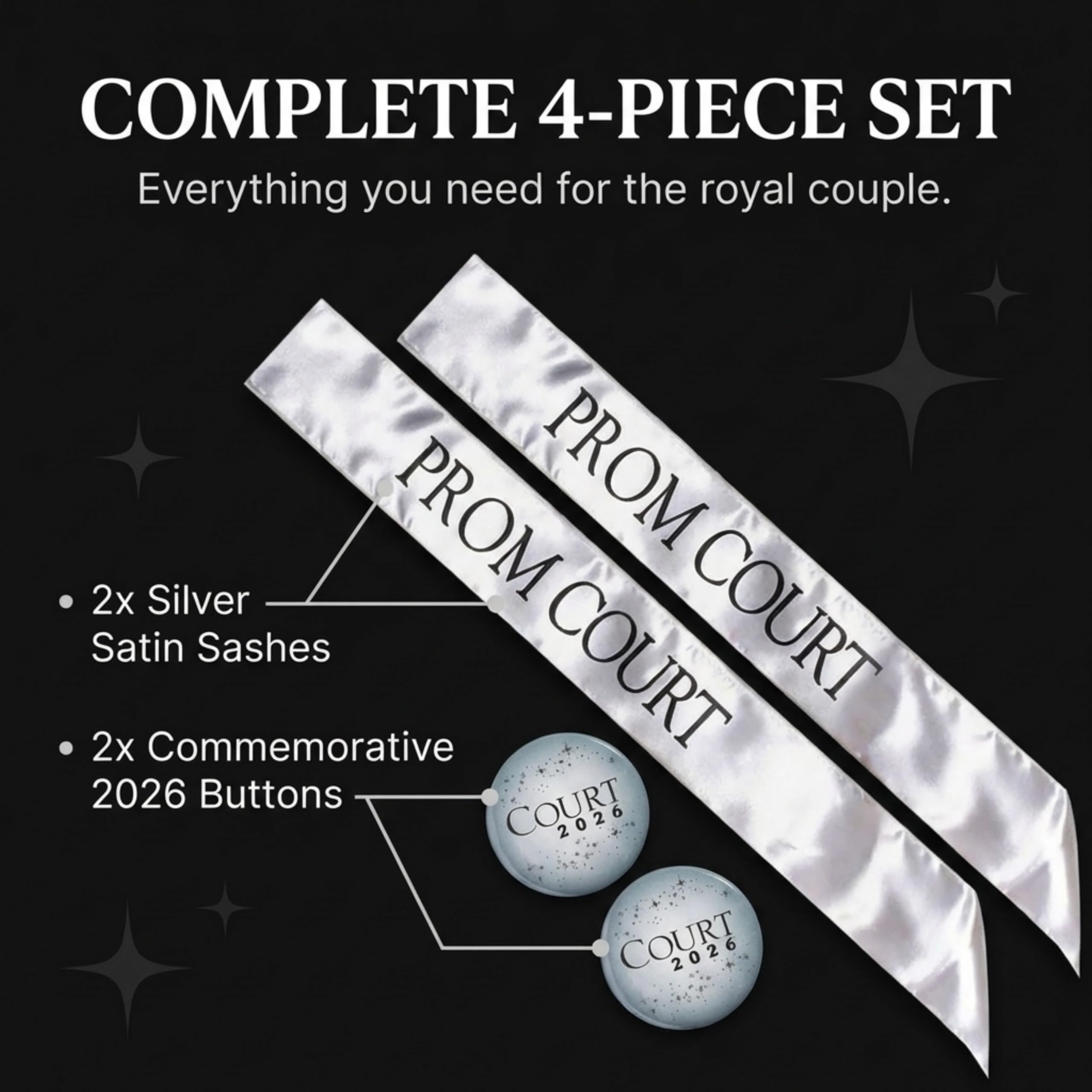 Anderson's Silver & Black Prom Court Sash Set with Silver 2026 Buttons, Prom Accessories for High School Dance, Party, Costume, or Event, 4 Piece Set - Image 2