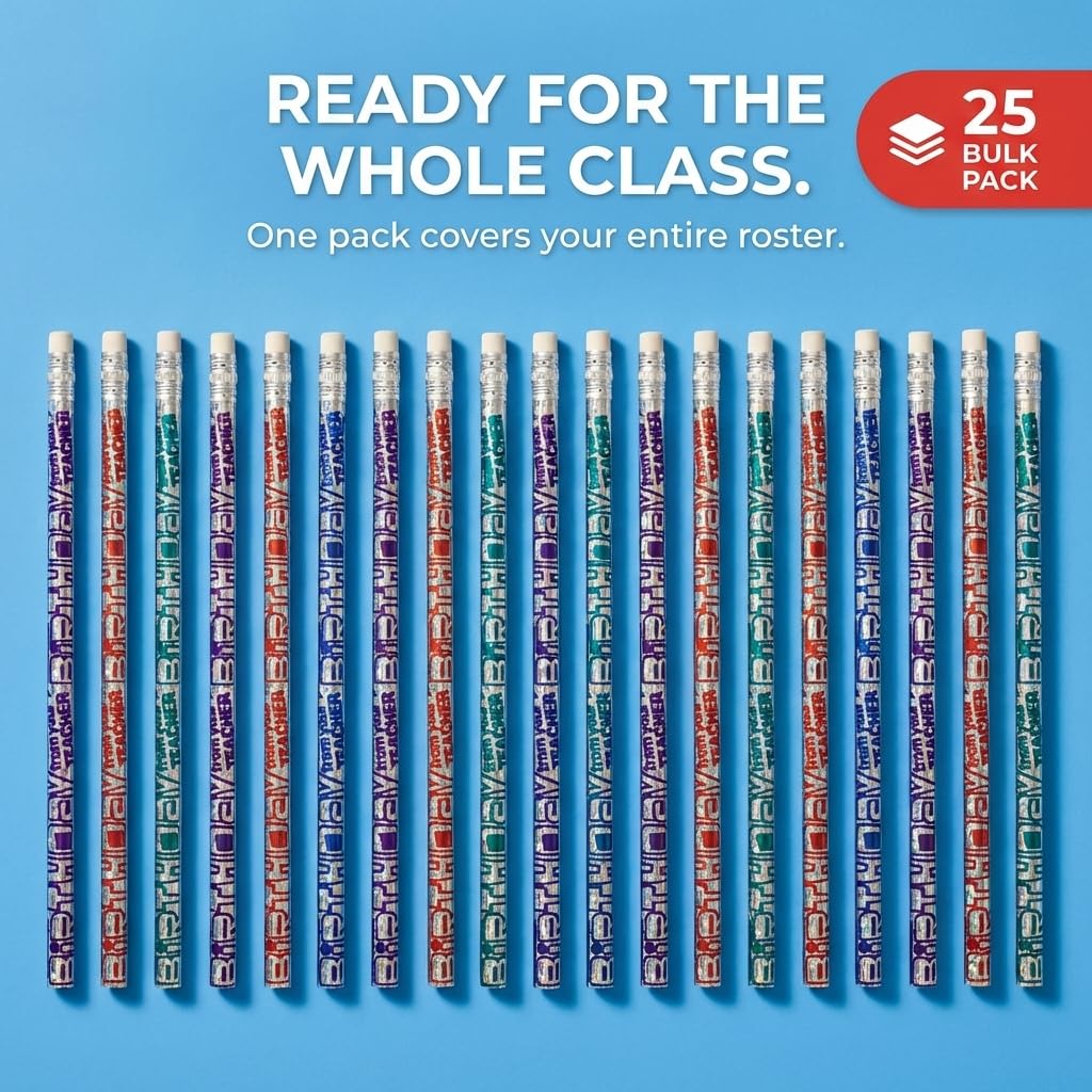 Anderson's Silver Happy Birthday from Your Teacher Pencils, Student Gifts, 25 Pack - Image 3