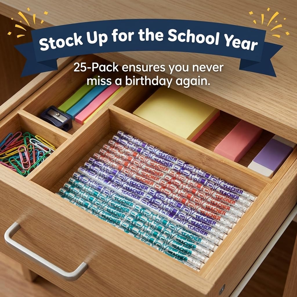 Anderson's Silver Happy Birthday from Your Teacher Pencils, Student Gifts, 25 Pack - Image 7