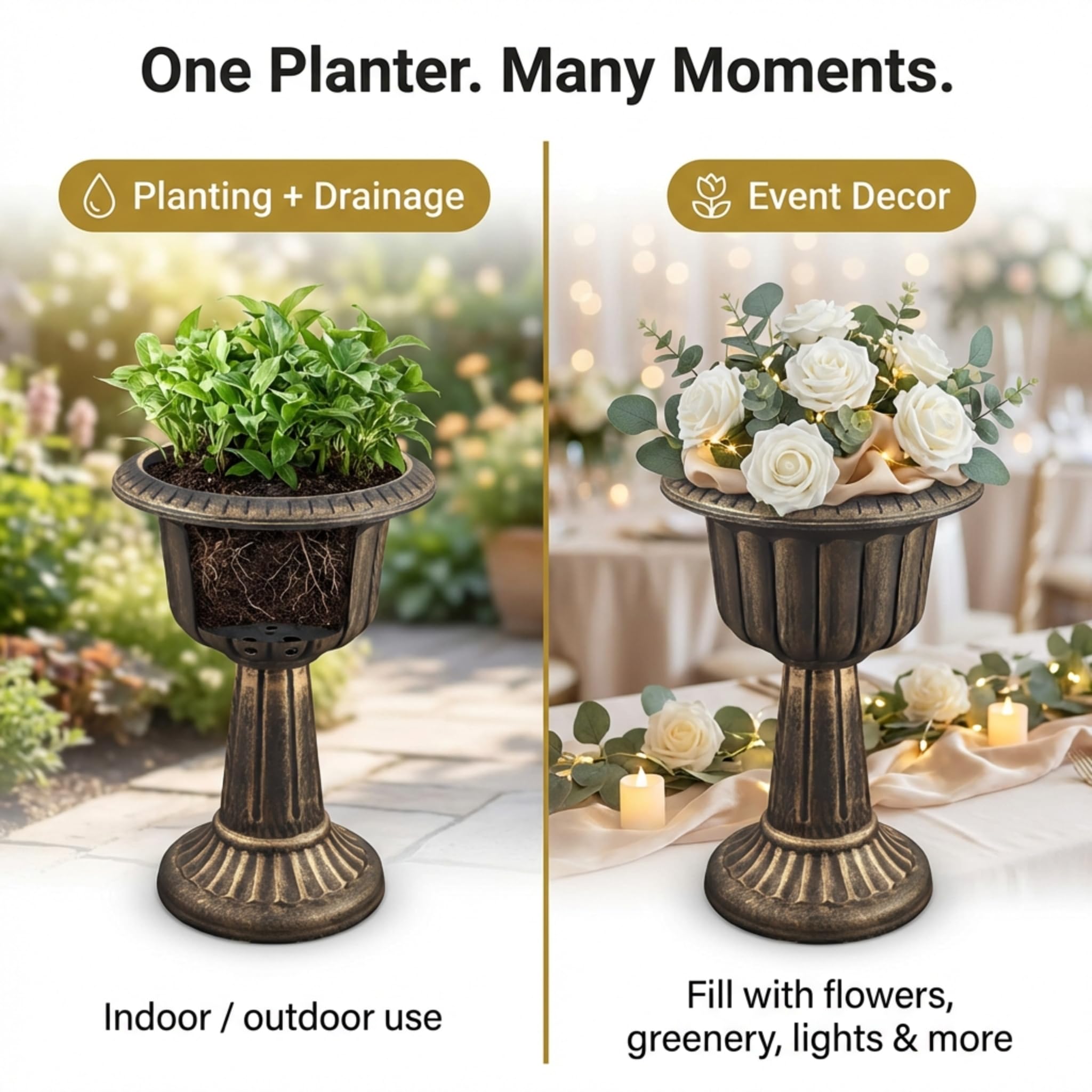 Anderson's, Small Gold Plastic Pedestal Planter, 23 Inches High, Garden Decor, Wedding Decor - Image 4