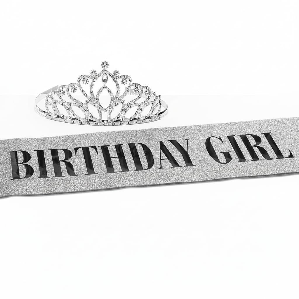 Anderson’s Taylor Tiara & Silver Glitter Birthday Girl Sash Set, Black Lettering, 2.5" Rhinestone Crown and 3" x 72" Birthday Sash, Elegant Party Accessory for Women & Special Events, 2‑Piece Set