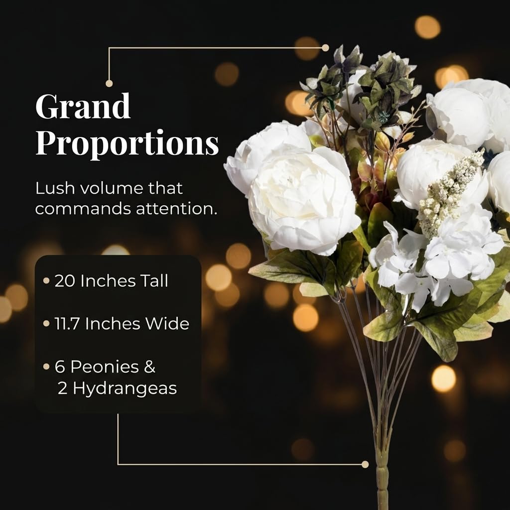 Anderson's White Artificial Peony and Hydrangea Flower Bouquet Wedding Decoration, 20 Inches - Image 2