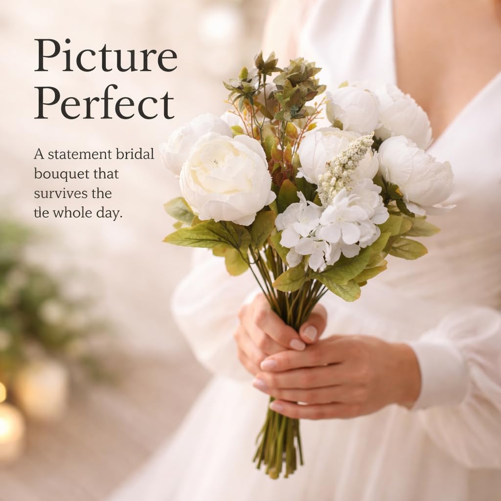 Anderson's White Artificial Peony and Hydrangea Flower Bouquet Wedding Decoration, 20 Inches - Image 4
