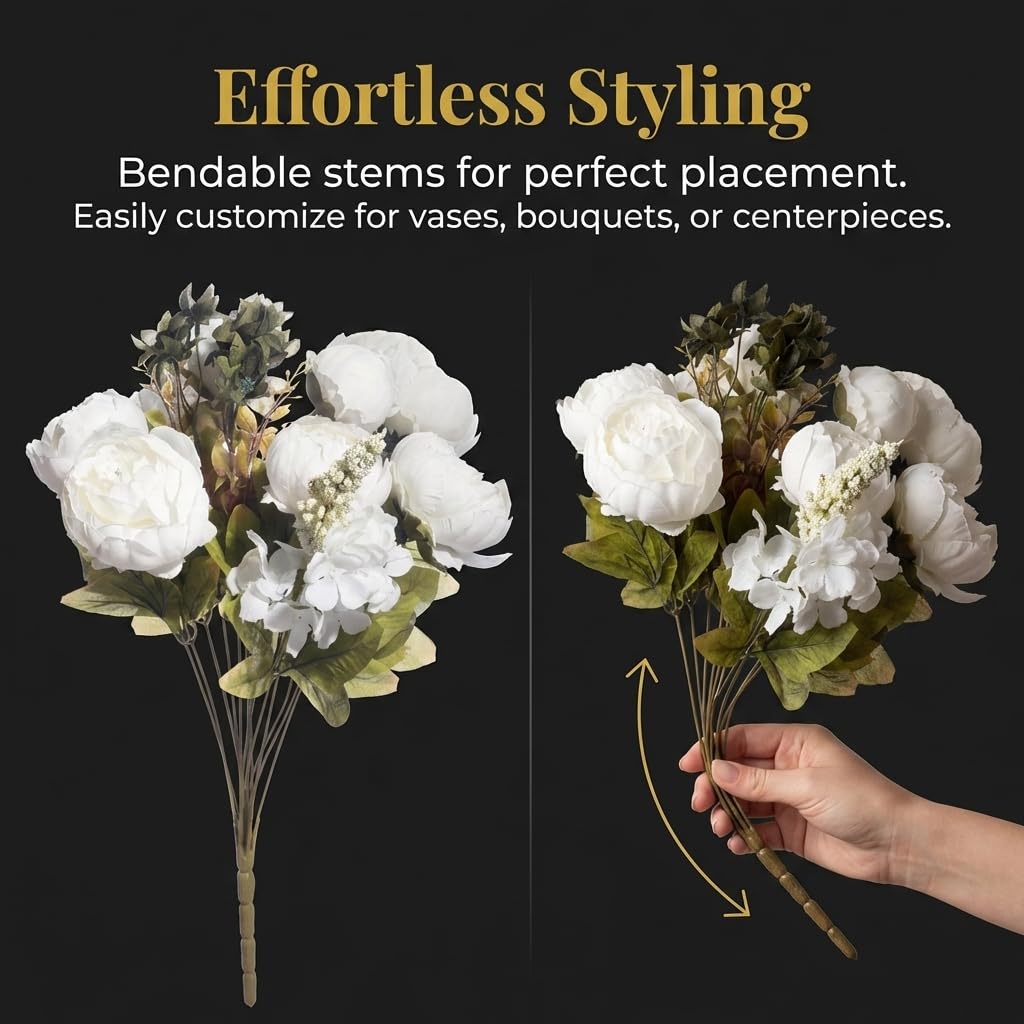 Anderson's White Artificial Peony and Hydrangea Flower Bouquet Wedding Decoration, 20 Inches - Image 7