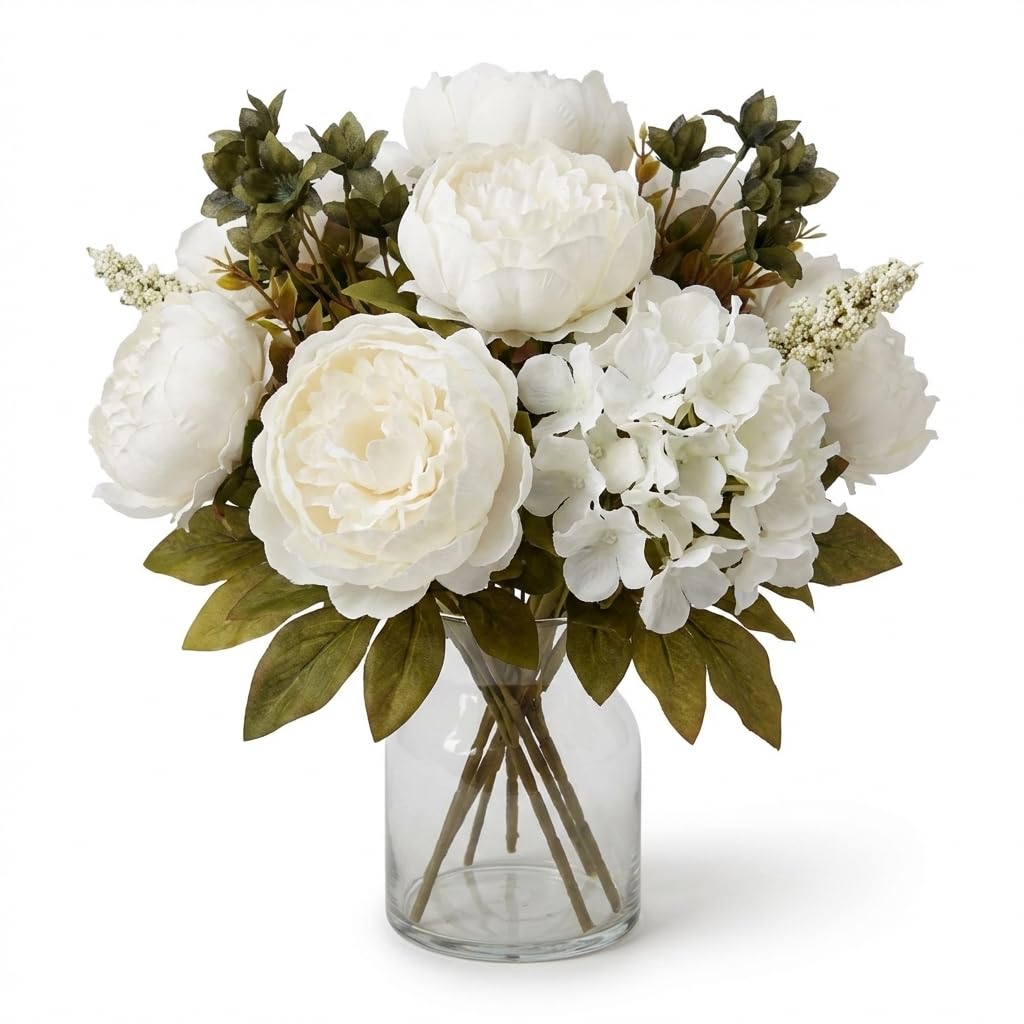Anderson's White Artificial Peony and Hydrangea Flower Bouquet Wedding Decoration, 20 Inches - Image 8