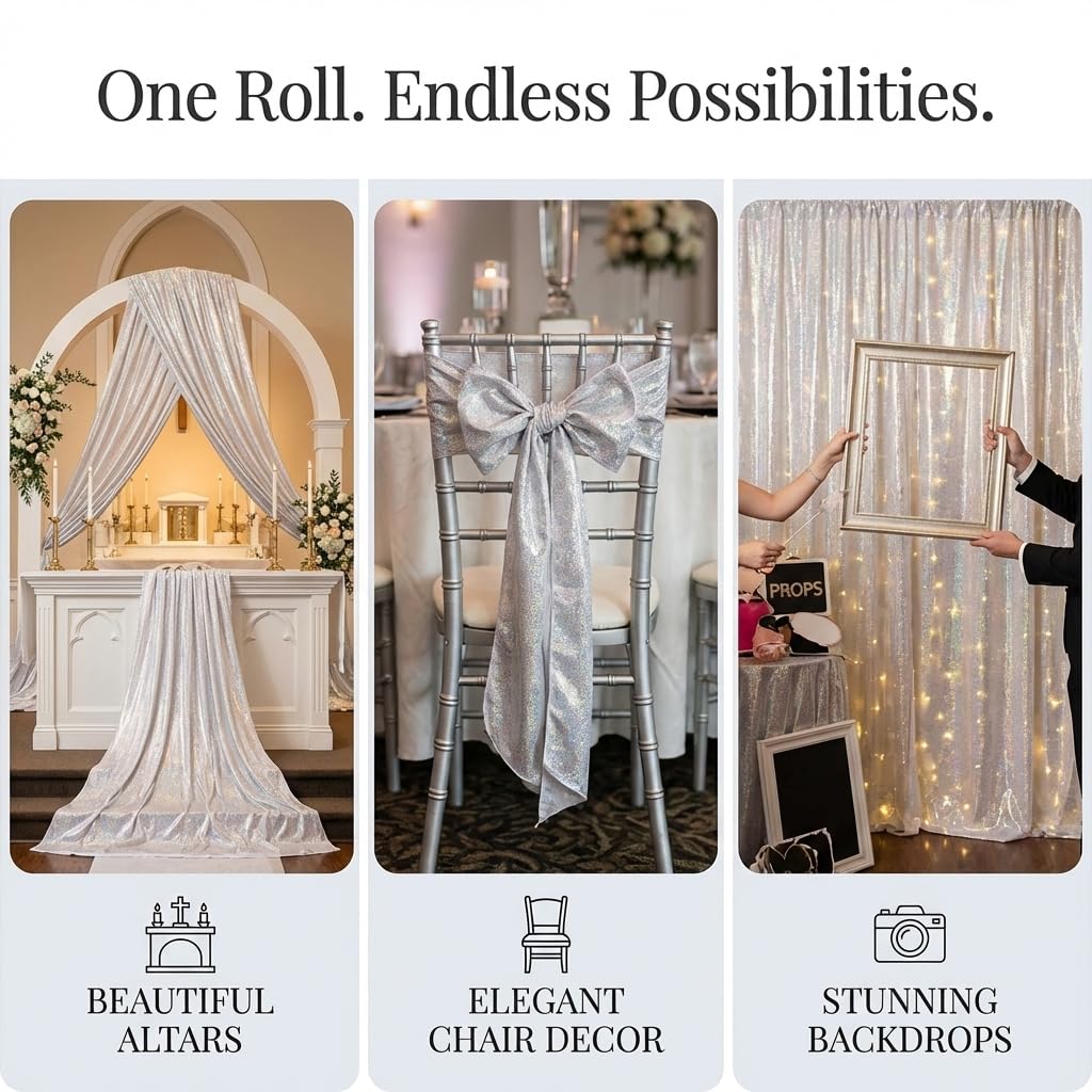 Anderson's White/Silver Glitter Dust Fabric Roll, 51 Inches x 10 Yards, Decorative Wedding Fabric for Wedding Reception, Baby Shower, Gender Reveal, Prom, Homecoming, Tables, Party - Image 6