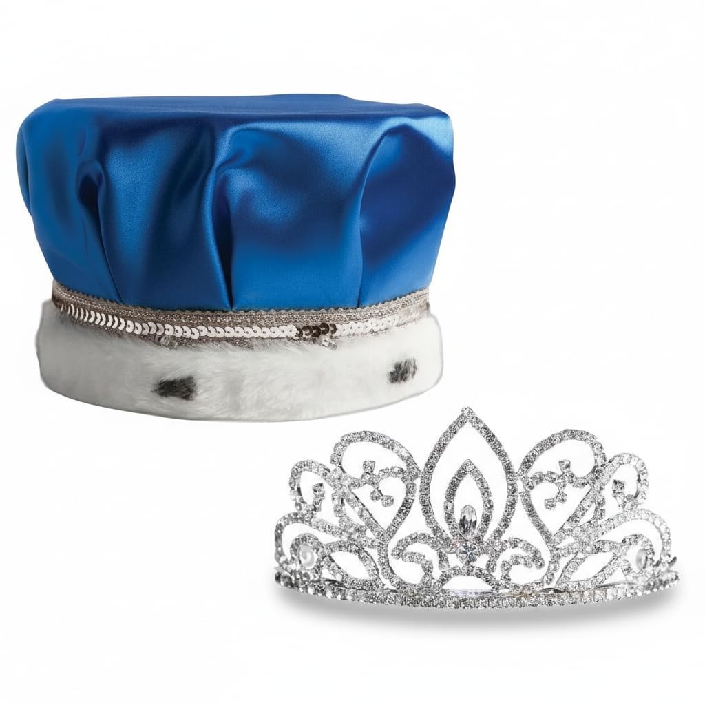 Blue Satin King Crown and Queen Tiara Royalty Set