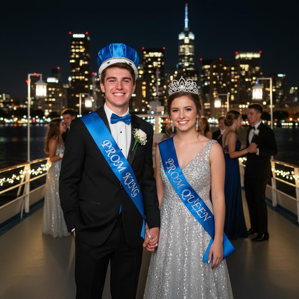Blue Satin King Crown and Queen Tiara Royalty Set - Image 3