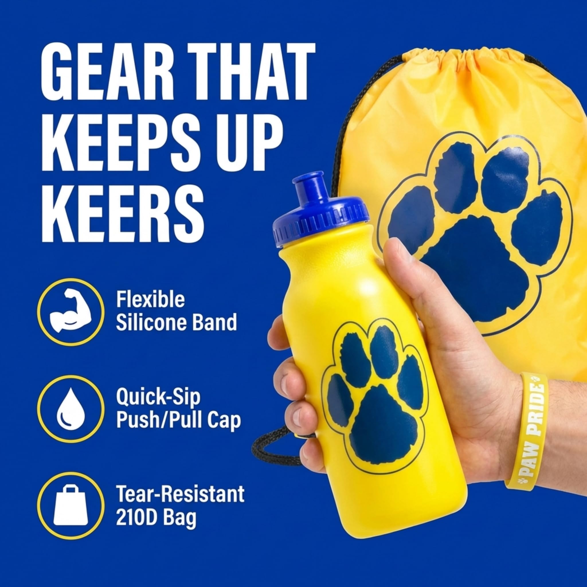 Gold/Blue Paw Accessories Set, Backpack, Water Bottle, Wristband - Image 6