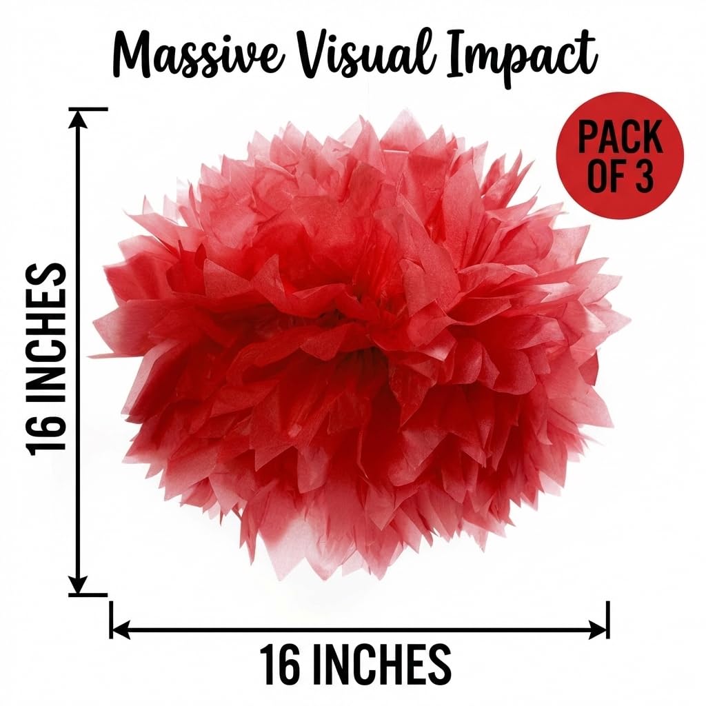 Red Hanging Floral Pom-Pom Decoration, Fluffy Tissue Paper Ball, 16 inches - 3 Count - Image 2