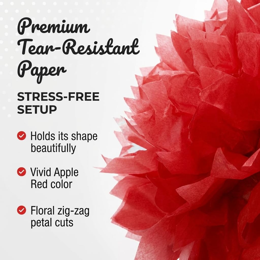 Red Hanging Floral Pom-Pom Decoration, Fluffy Tissue Paper Ball, 16 inches - 3 Count - Image 3