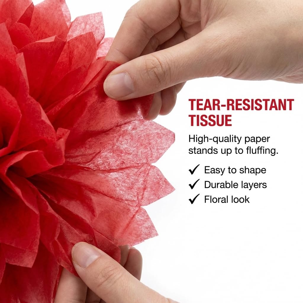 Red Hanging Floral Pom-Pom Decoration, Fluffy Tissue Paper Ball, 16 inches - 3 Count - Image 4