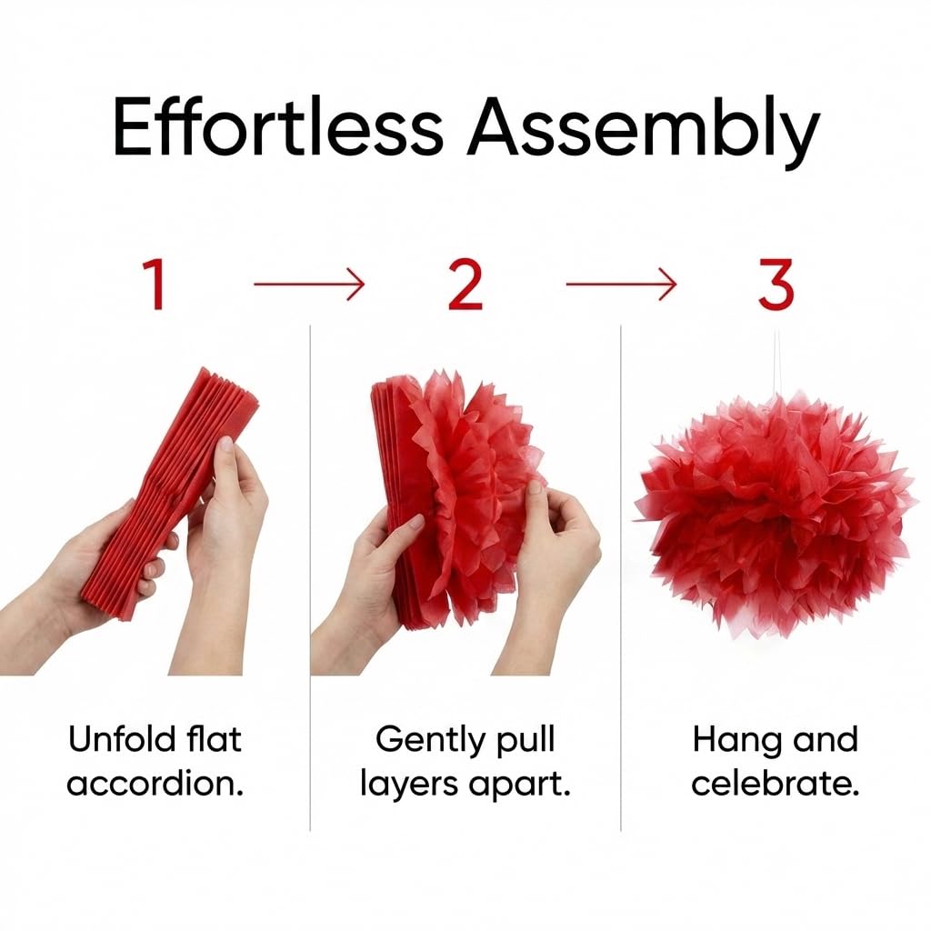 Red Hanging Floral Pom-Pom Decoration, Fluffy Tissue Paper Ball, 16 inches - 3 Count - Image 5