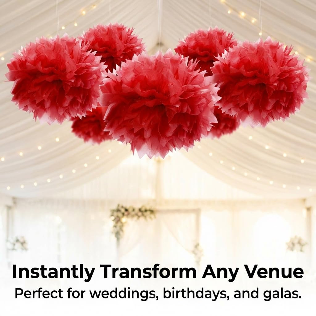 Red Hanging Floral Pom-Pom Decoration, Fluffy Tissue Paper Ball, 16 inches - 3 Count - Image 6