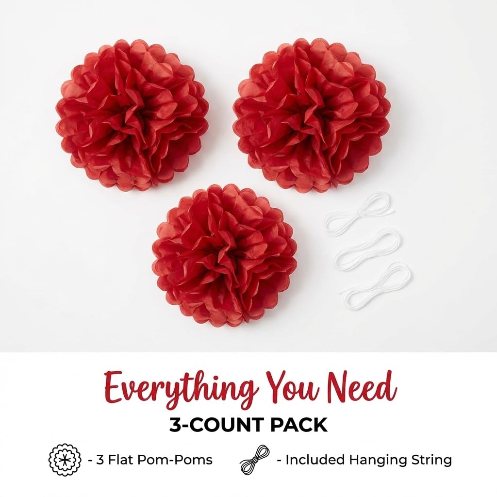 Red Hanging Floral Pom-Pom Decoration, Fluffy Tissue Paper Ball, 16 inches - 3 Count - Image 7