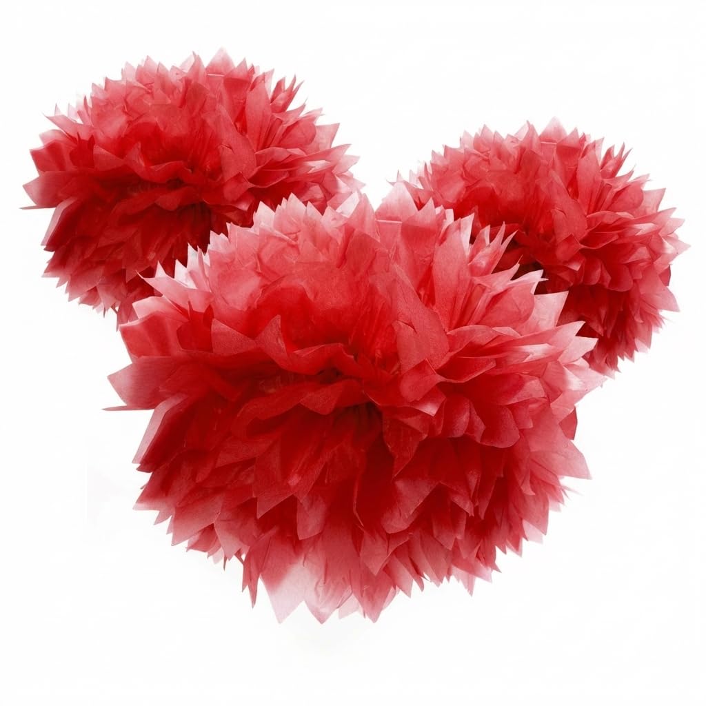 Red Hanging Floral Pom-Pom Decoration, Fluffy Tissue Paper Ball, 16 inches - 3 Count - Image 8