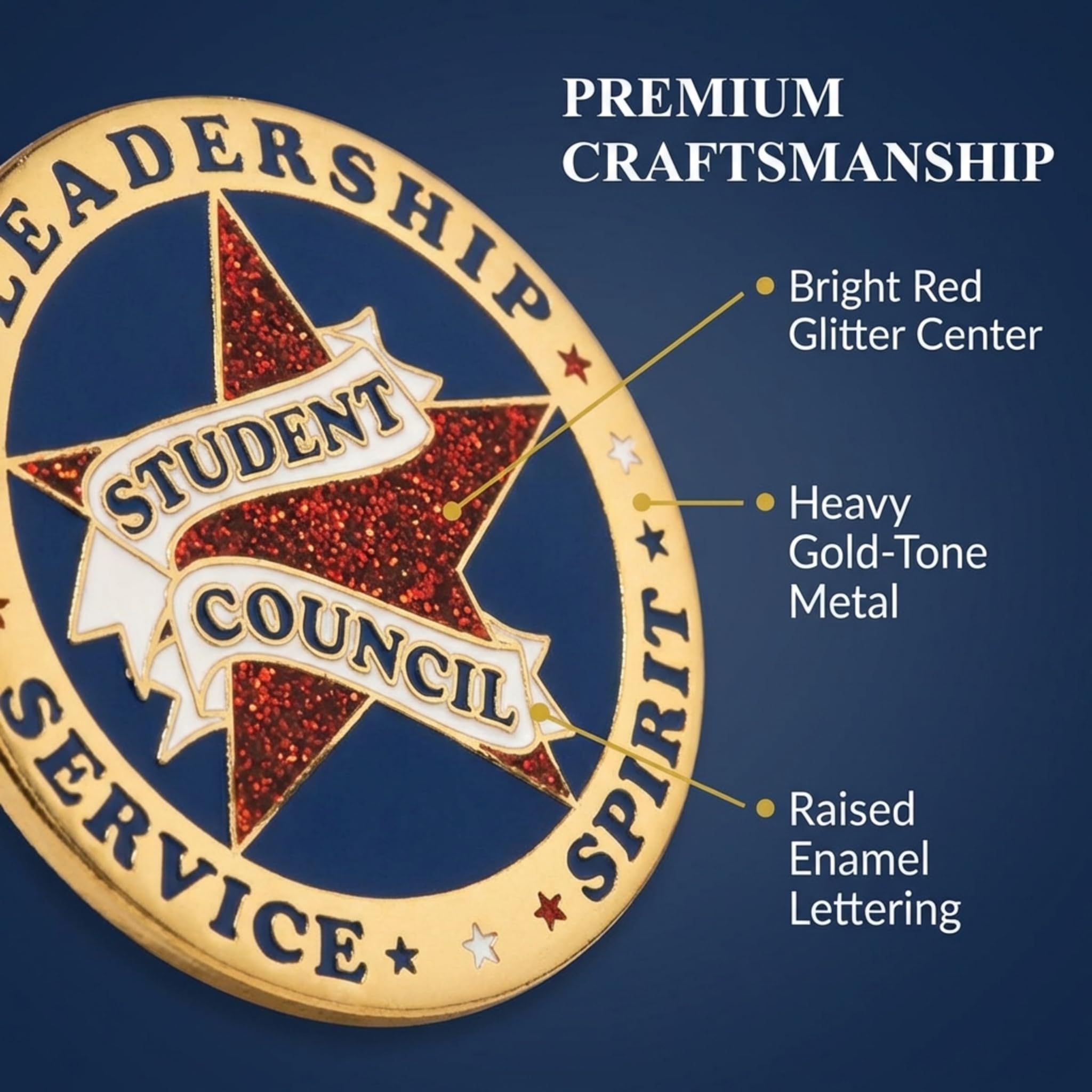 Student Council Red Glitter Star Award Pin - Image 3