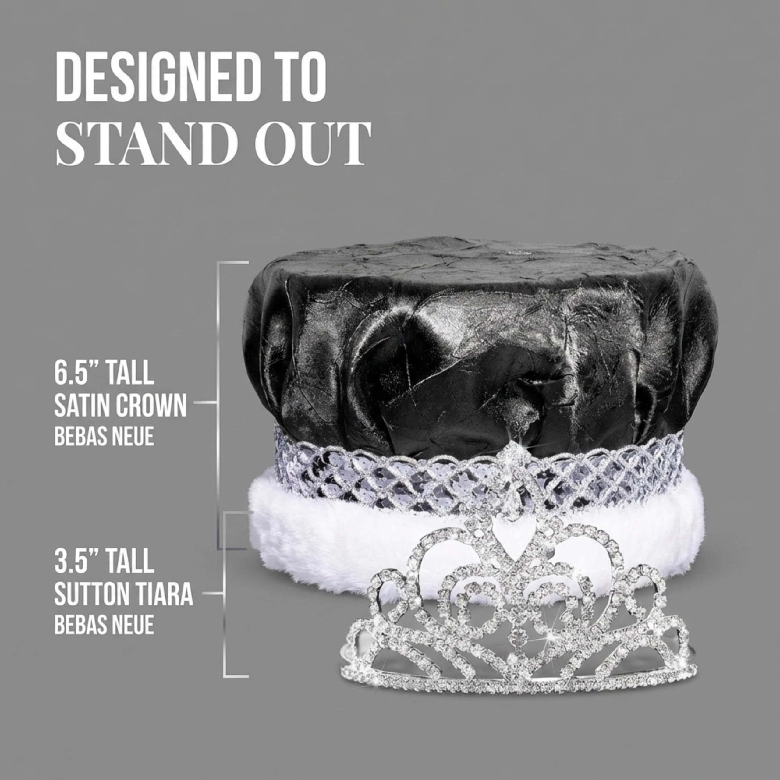 Sutton Tiara and Crushed Satin Crown with Silver Band and White Fur - Image 4