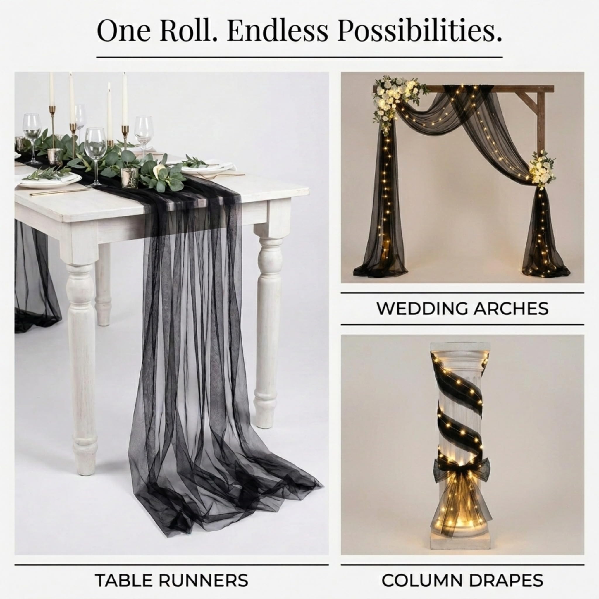 TCDesignerProducts Black Tulle Fabric Roll, 108 Inches x 100 Yards, Sheer Fabric for Wedding Decorations, Baby Shower, Gender Reveal, Prom, Homecoming, Photo Backdrops, Arch Draping - Image 4