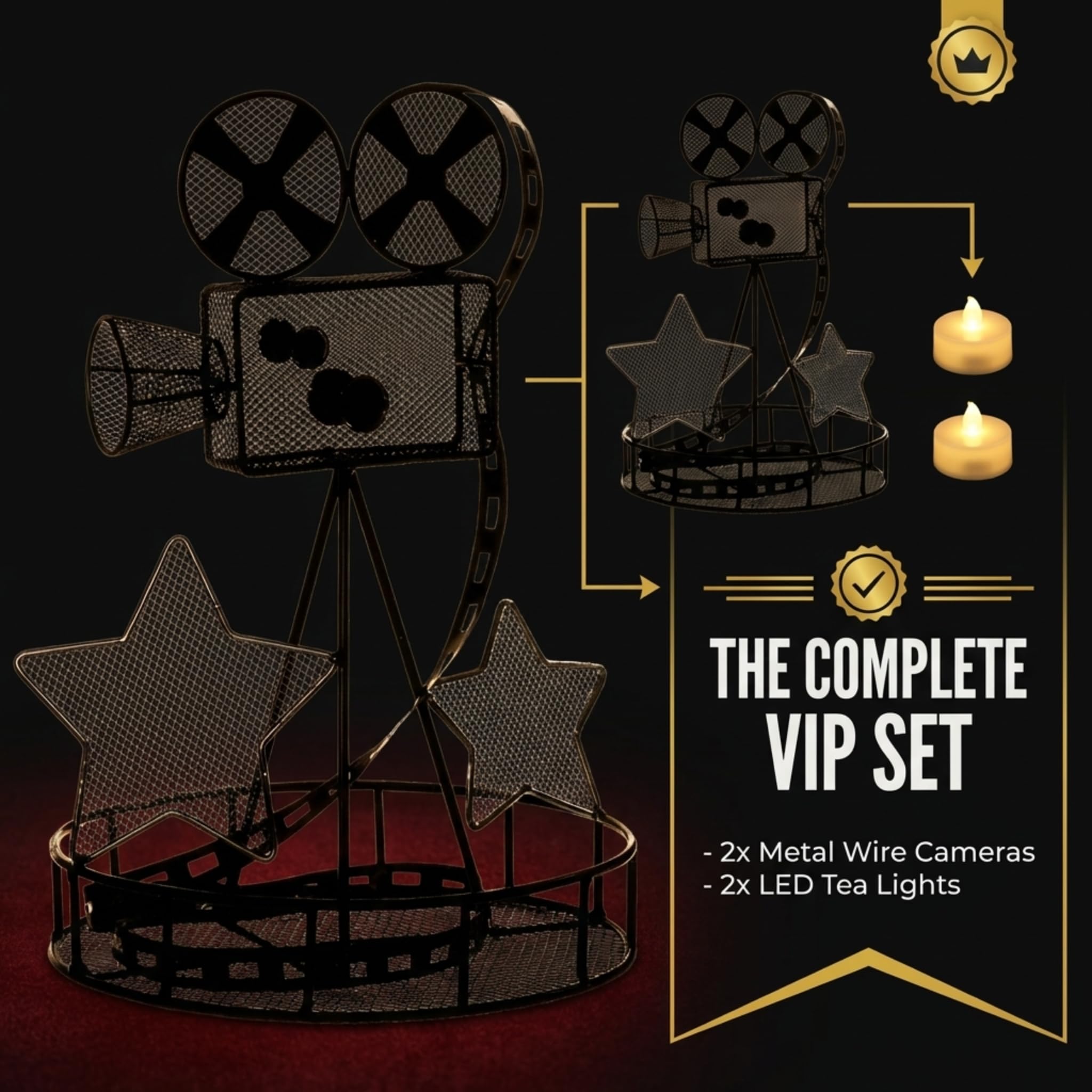 TCDesignerProducts Black Wire Movie Camera Centerpiece Set with Tea Lights, 12 Inches High, Table Decoration, Set of 2 - Image 6