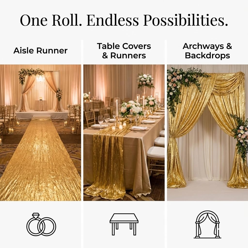 TCDesignerProducts, Gold Shiny Crushed Fabric, Wedding Decoration, 39 Inches x 20 Yards, Decorative Wedding Fabric for Wedding Reception, Baby Shower, Gender Reveal, Prom, Homecoming, Tables, Party - Image 5