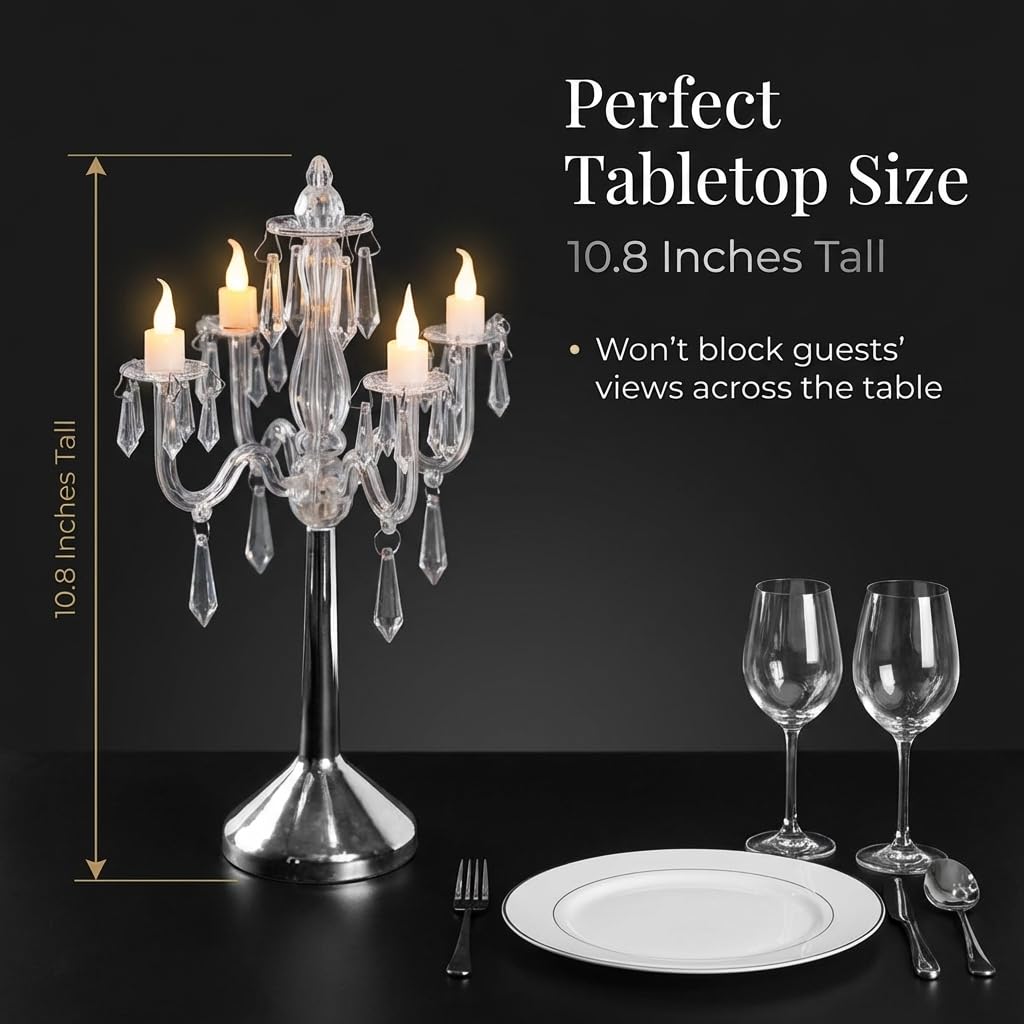 TCDesignerProducts Plastic Crystal Chandelier Centerpiece, 10.8 Inches High, 4 Candelabra Arms, 4 Battery Operated LED Candles - Image 2