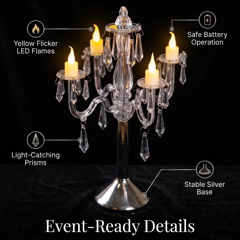 TCDesignerProducts Plastic Crystal Chandelier Centerpiece, 10.8 Inches High, 4 Candelabra Arms, 4 Battery Operated LED Candles - Image 3