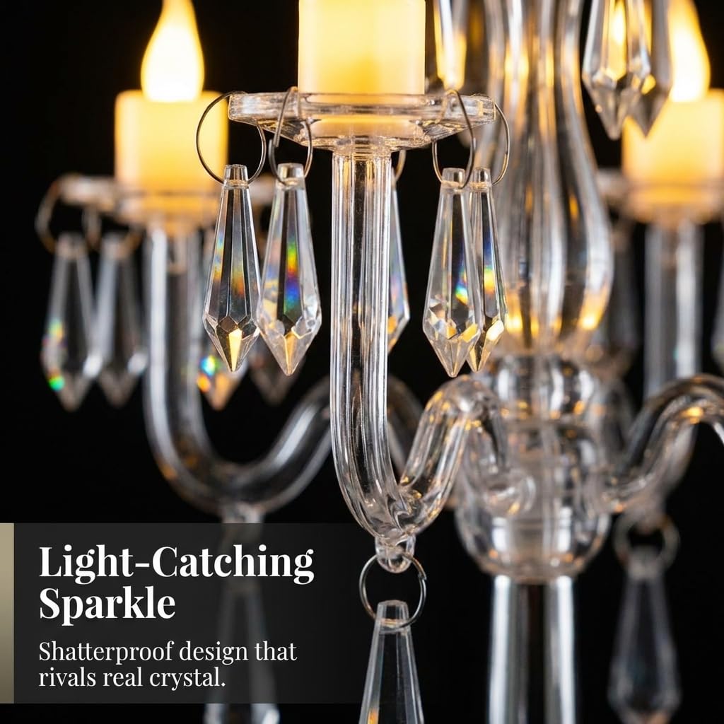 TCDesignerProducts Plastic Crystal Chandelier Centerpiece, 10.8 Inches High, 4 Candelabra Arms, 4 Battery Operated LED Candles - Image 5