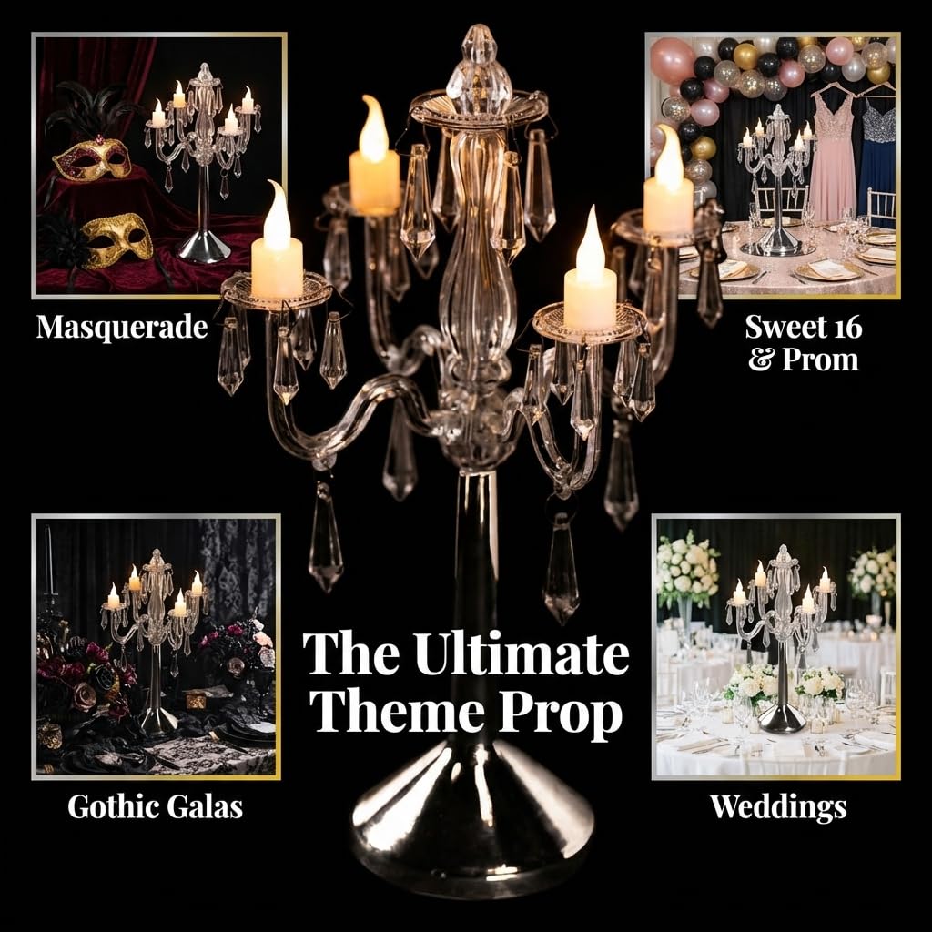TCDesignerProducts Plastic Crystal Chandelier Centerpiece, 10.8 Inches High, 4 Candelabra Arms, 4 Battery Operated LED Candles - Image 7