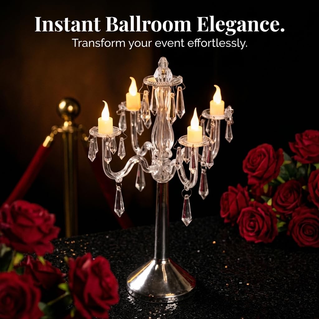 TCDesignerProducts Plastic Crystal Chandelier Centerpiece, 10.8 Inches High, 4 Candelabra Arms, 4 Battery Operated LED Candles - Image 9