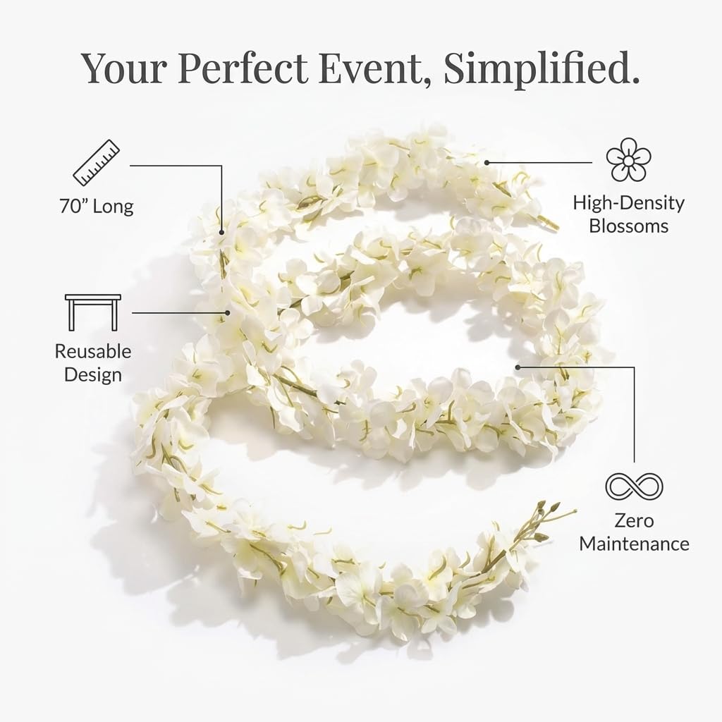 TCDesignerProducts White Faux Hydrangea Garland, 70 Inches, Wedding, Party Decoration - Image 8