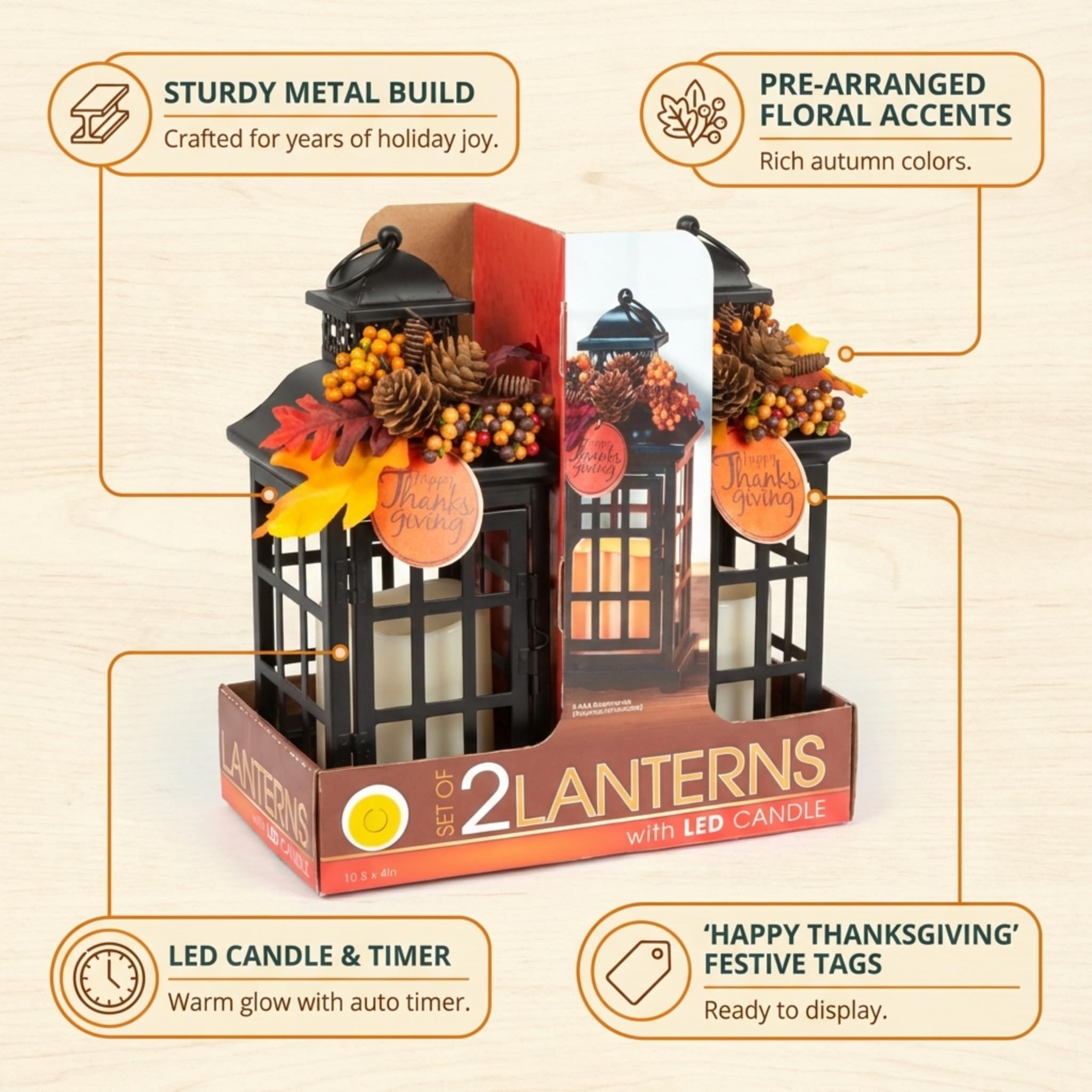 Thanksgiving Decorative Lantern Set, 10 1/2 Inches, Holiday Decorations - Image 6